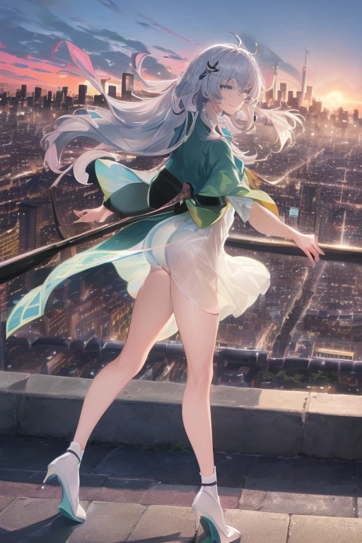 official art, masterpiece, Sharp focus, (Beautiful, gorgeous and cute Korean woman:1.3), (beautiful and cute korean:1.3), Korean beauty, Exquisite and beautiful hair、Eyes and face, Practical, Ultra Detailed, beautiful girl, Blue sky, Glowing white particles, (Side Light:1.2), Sunlight, Baiyun, Detailed clouds, slim, Very cute big  and big butt, Smile with teeth bared, ((Smile with your eyes, Open your eyes)), landscape, Long and straight hair, Sexy facial expressions, architecture, (city View:1.7), Dynamic Hair, very Long and straight hair, Delicate platinum silver hair, Green eyes, Pink skirt, Black socks, Pale skin, Hair accessories, epic landscape,，White high heels，Nice butt，Beautiful buttocks，Nothing under the skirt，Weight loss