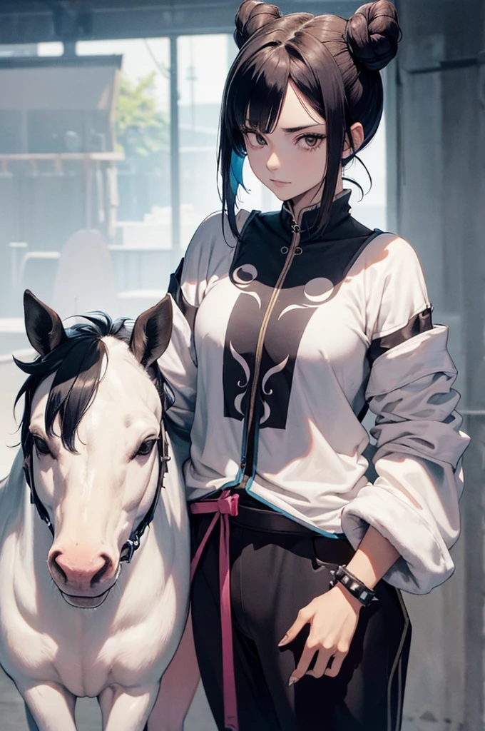 obra de arte, melhor qualidade,juri han, rabo de cavalo, hair tie, moletom azul, black sweatpants, olhando para o espectador, fundo da cidade, tiro de vaqueiro