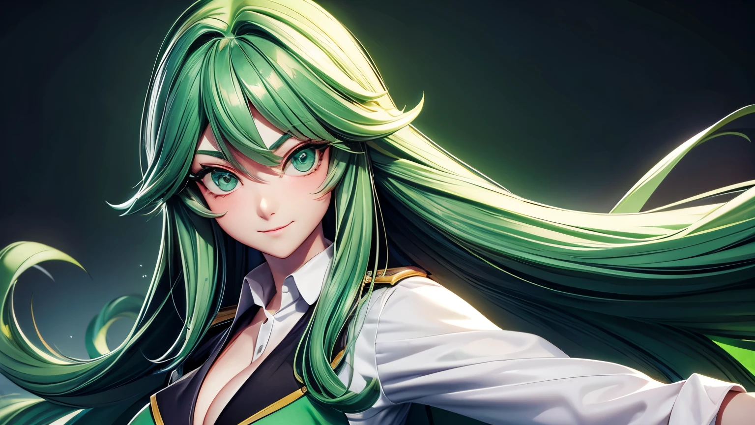 Extremely beautiful girl, green hair, long hair, bright green eyes, Green high school girl uniform, huge breasts, Tugging a guy's arm seductively, good quality, masterpiece, Beautiful eyes, Detailed eyes, Big eyes, Visual novel game style