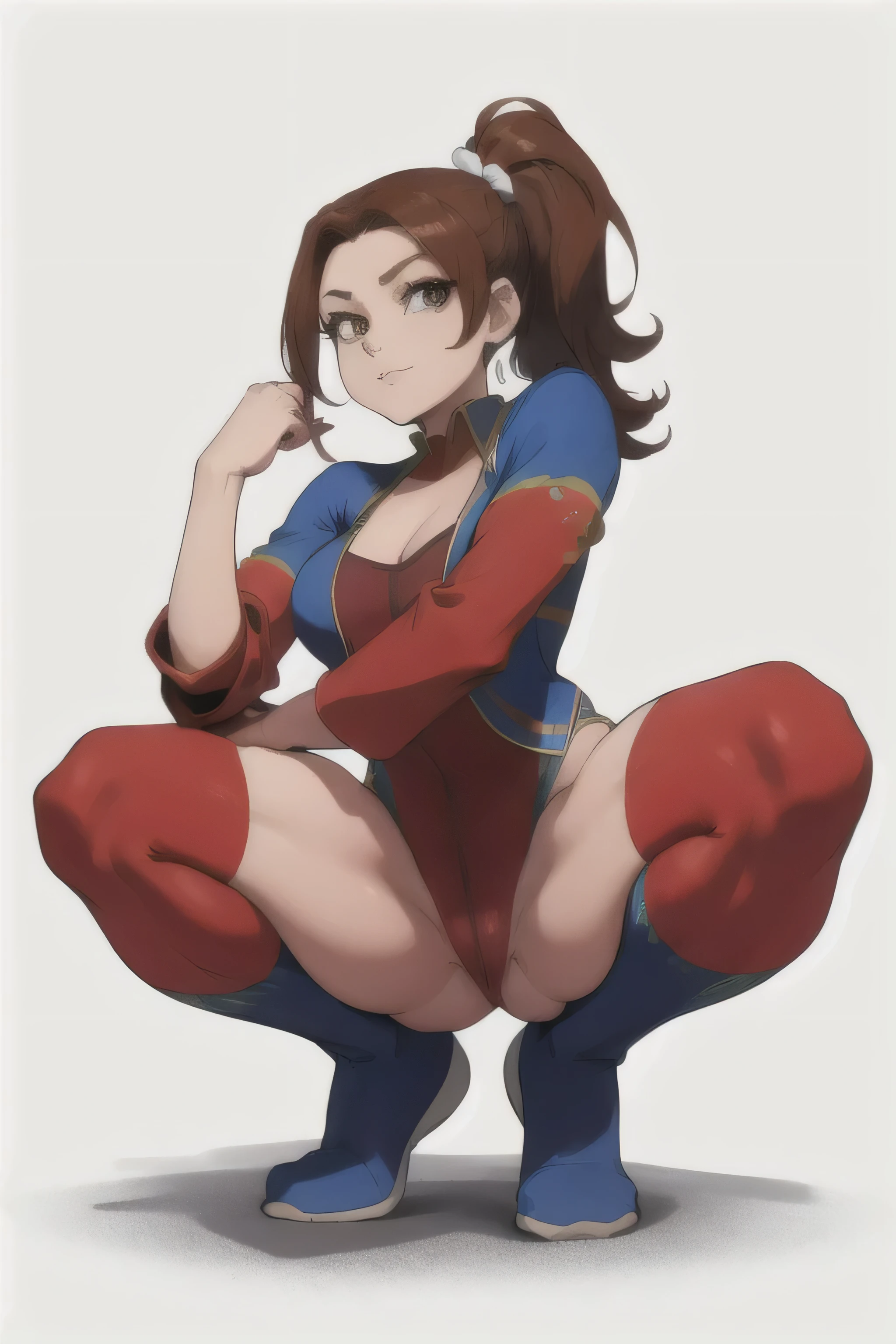 beautiful female, brown long hair, pony tails, full body, jester costume, squat