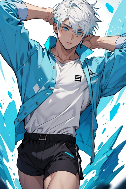 Hombre , cabello blanco, ojos azul celeste, musculoso, camisa sin mangas azul celeste , shorts blancos, gay