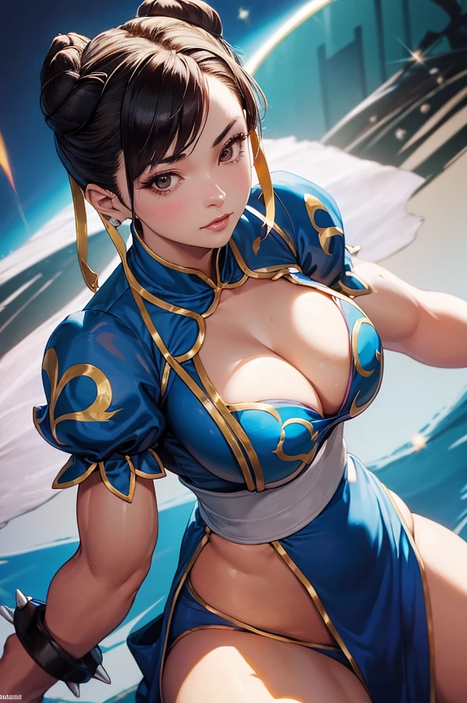 chun li,(1 garota:1.3), Sozinho, __partes do corpo__ pele delicada e realista, Pale skin, grande, Arte Oficial, papel de parede unificado de 16k, ultra detalhe, beleza and aesthetics, beleza, obra de arte, melhor qualidade, na cidade cyberpunk, fantastic atmosphere, paleta de cores calma, peaceful mood, sombras suaves, Flight attendant's uniform, glamour