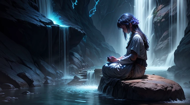 Monge meditando em uma cachoeira. Fantastic world. Sombras e silhuetas. Feeling of contemplation and strength. high definition image, high detailing and dreamlike drawing style. Symbols of nature, OM, zen, mystic, cores neon, Imagem com pelo menos 300 dpi, HD, Digital art