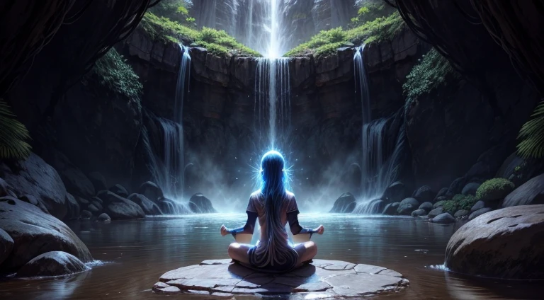 Monge meditando em uma cachoeira. Fantastic world. Sombras e silhuetas. Feeling of contemplation and strength. high definition image, high detailing and dreamlike drawing style. Symbols of nature, OM, zen, mystic, cores neon, Imagem com pelo menos 300 dpi, HD, Digital art