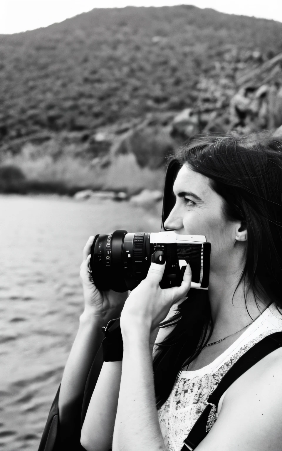 photographier, photo d'une belle femme, selfie, haut du corps, Seulement, porter un pull, en plein air, (nuit), montagnes, Real nature, stars, lune, joyeux, heureux, gants, pull-over, bonnet, forest, rochers, river, bois, smoke, brouillard, regarder le spectateur, Texture de la peau, grain photo, fermer, Photo brute
