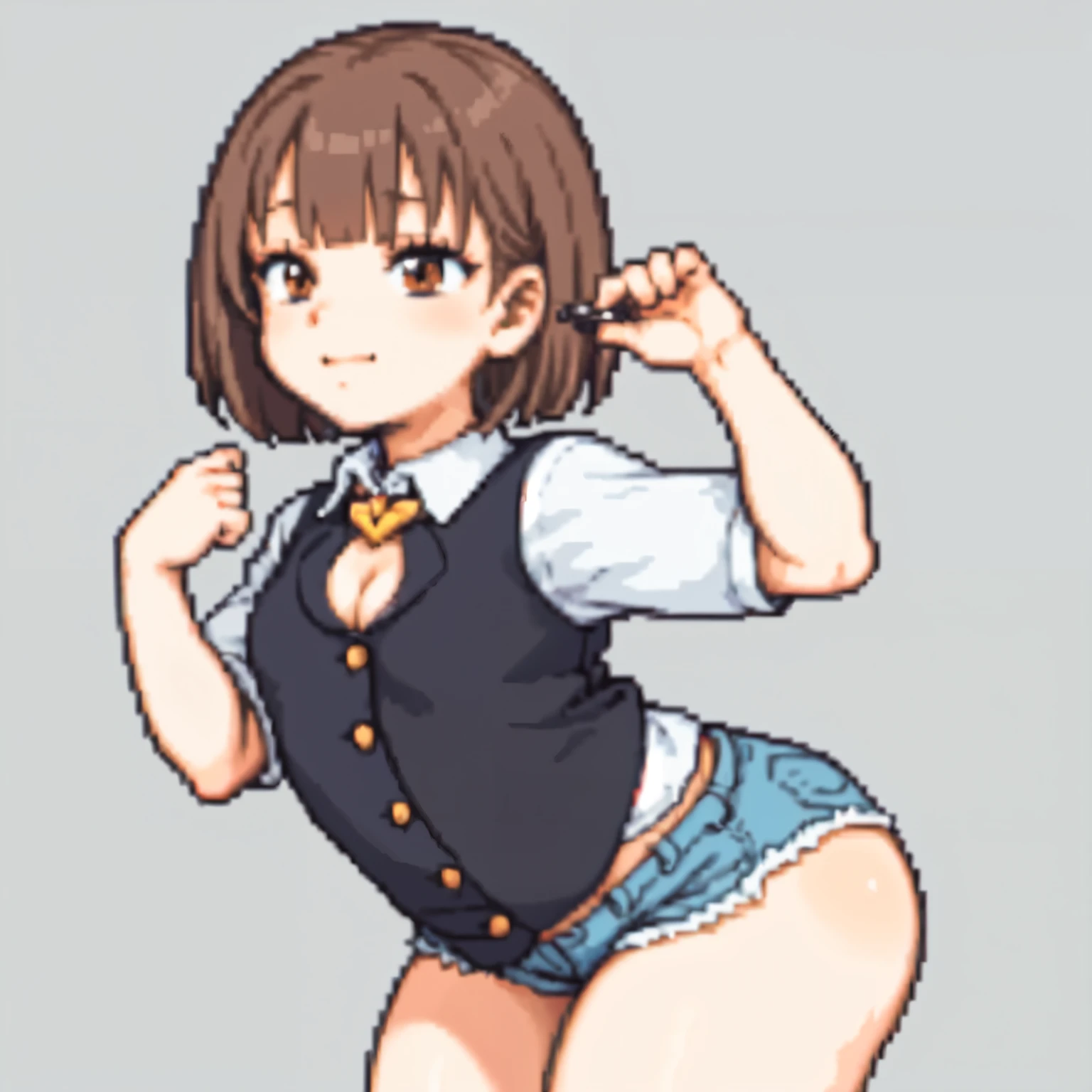 (Extremely detailed:1.3),(Highly detailed:1.2),(Best Quality:1.2),(masutepiece:1.2),  1girl, absurdres, alternate costume, bangs, tight booty shorts,  white shirt,  brooch, brown eyes, brown hair, buttons, chain, closed mouth, collared shirt, commentary, contrapposto, cowboy shot, dress shirt, eyelashes, gradient background, plump behind, thickest thighs, cleavage, chubby, grey background, hand up, highres, holding, big ass, thick thighs, flat chested, small breasts, private parts covered by clothing, perfect body, perfect clothing, 