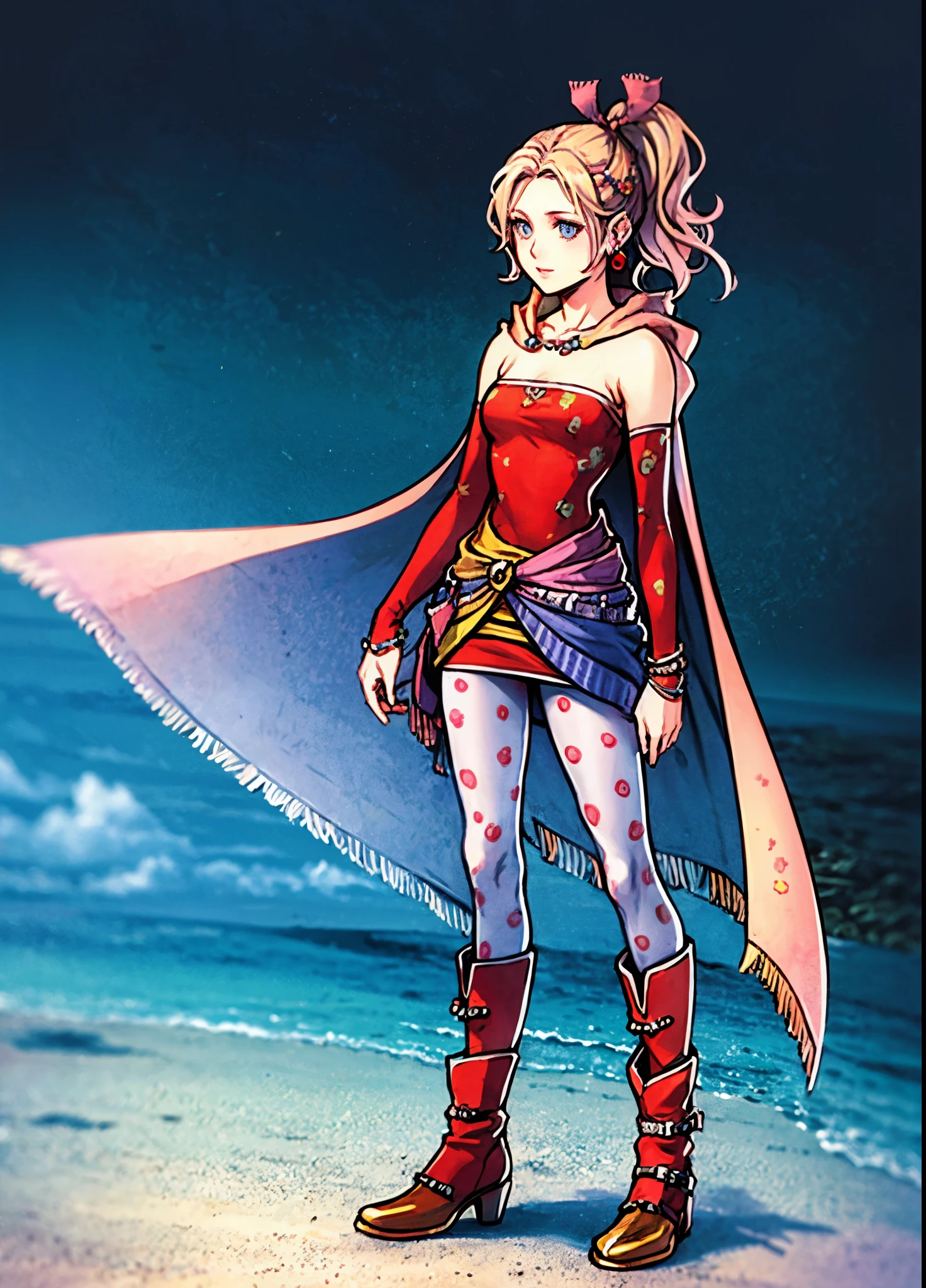 cape, earrings, red dress, detached sleeves, hair ribbon, clothes around waist, print legwear, red boots