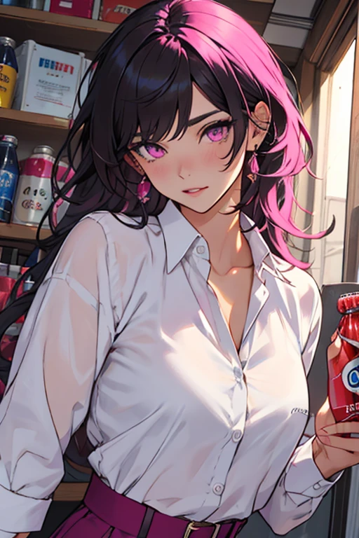 Mujer, cabello blanco, cabello cola de caballo, ojos magenta, camisa sin magenta, falda, medias largas negras 