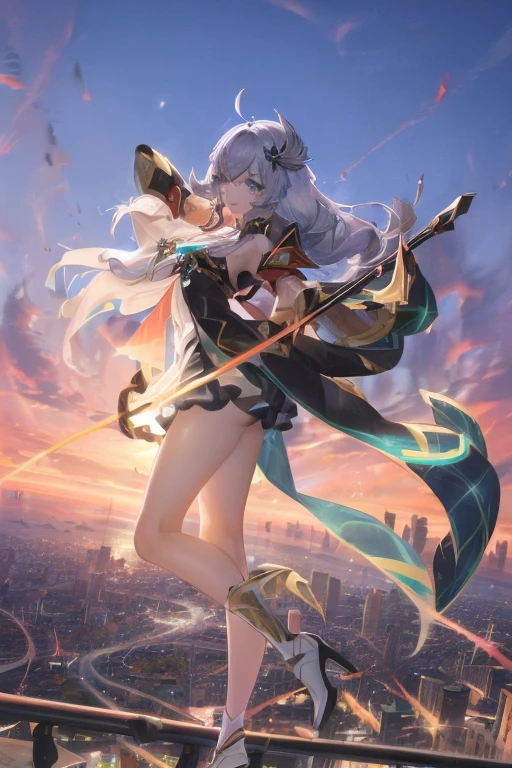 official art, masterpiece, Sharp focus, (Beautiful, gorgeous and cute Korean woman:1.3), (beautiful and cute korean:1.3), Korean beauty, Exquisite and beautiful hair、Eyes and face, Practical, Ultra Detailed, beautiful girl, Blue sky, Glowing white particles, (Side Light:1.2), Sunlight, Baiyun, Detailed clouds, slim, Very cute big and big butt, Smile with teeth bared, ((Smile with your eyes, Open your eyes)), landscape, Long and straight hair, Sexy facial expressions, architecture, (city View:1.7), Dynamic Hair, very Long and straight hair, Delicate platinum silver hair, Green eyes, Pink skirt, Black socks, Pale skin, Hair accessories, epic landscape,,White high heels,Nice butt,Beautiful buttocks,Nothing under the skirt,Weight loss