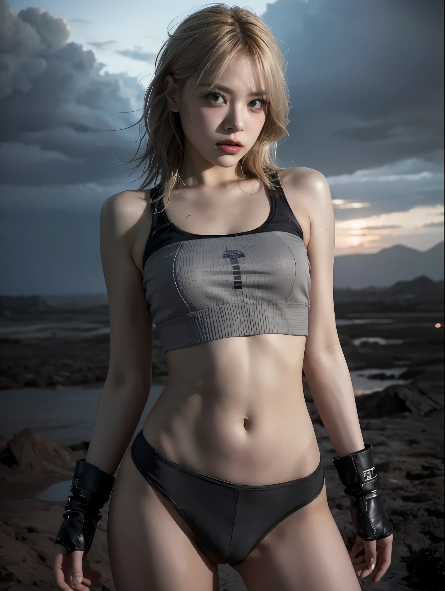 (1girl:1.3), solo, __body-parts__, doomsday wasteland style, dusty, stormy, dirty, gray tones, 8k resolution image, intricate symmetrical details. The whole picture is invincible and heroic, mainly a complete picture of a woman standing all over her body, with smooth movements and a confident expression.