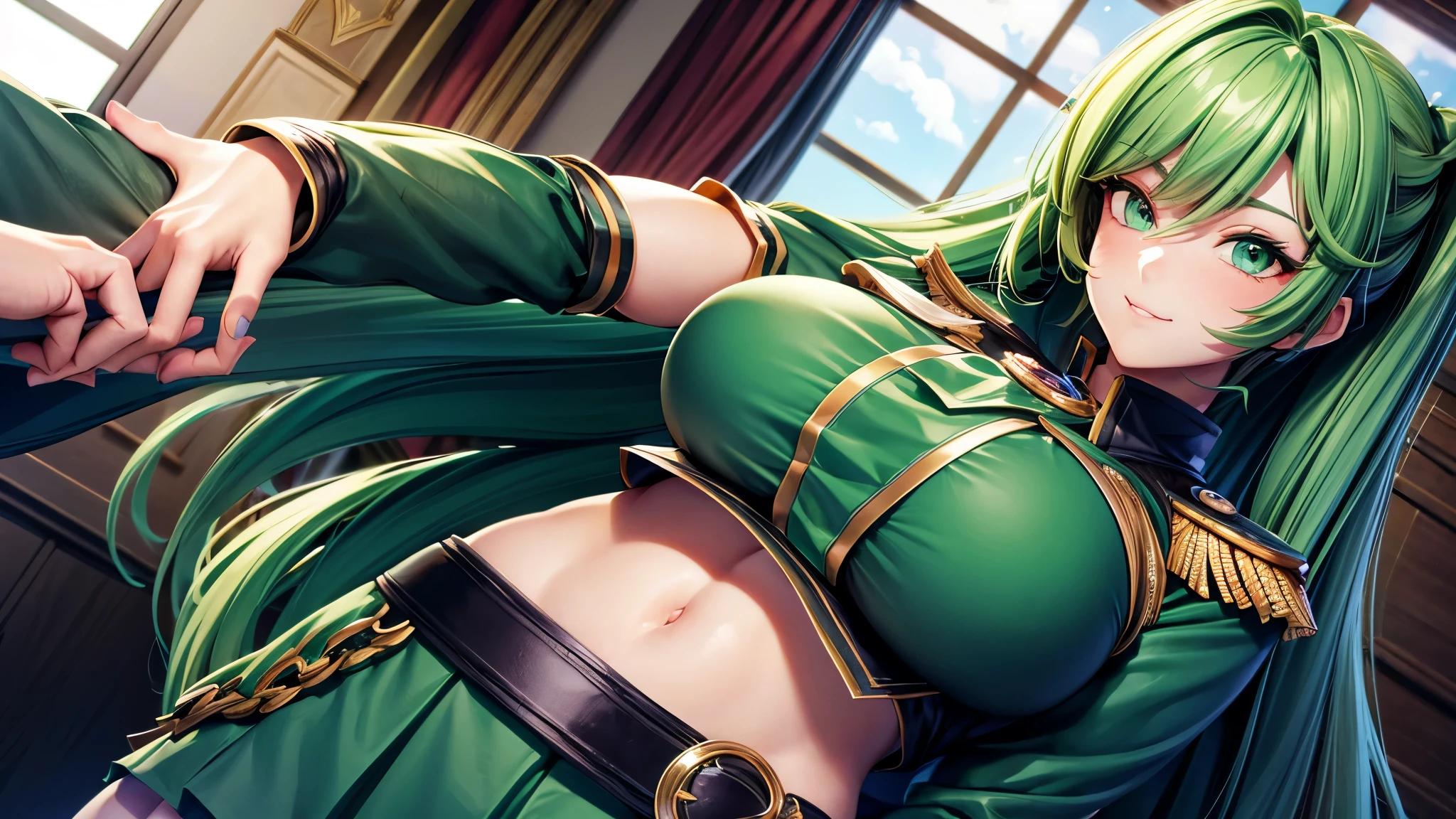 c.c.、Code Geass、Green Hair、Wedding dress、Cute Woman、Thick thighs、Best image quality、High resolution、masterpiece、super high quality、Spread your legsしゃがむ、orgasm face、Spread your legsしゃがむ、Black patterned panties、I see your pink panties、Big Ass、Big Breasts 、Blushing、4K quality、Blushing、Proud face、Wearing black knee socks、bed、Spread your legsしゃがむ、Panty shot、Sweaty all over、Heavy breathing、Chest is bobbing up and down、heart、Condescending look、Low - Angle、Zoom in on the crotch、Cowboy Shot、Sit on the living room couch with your knees raised, Spread your legs