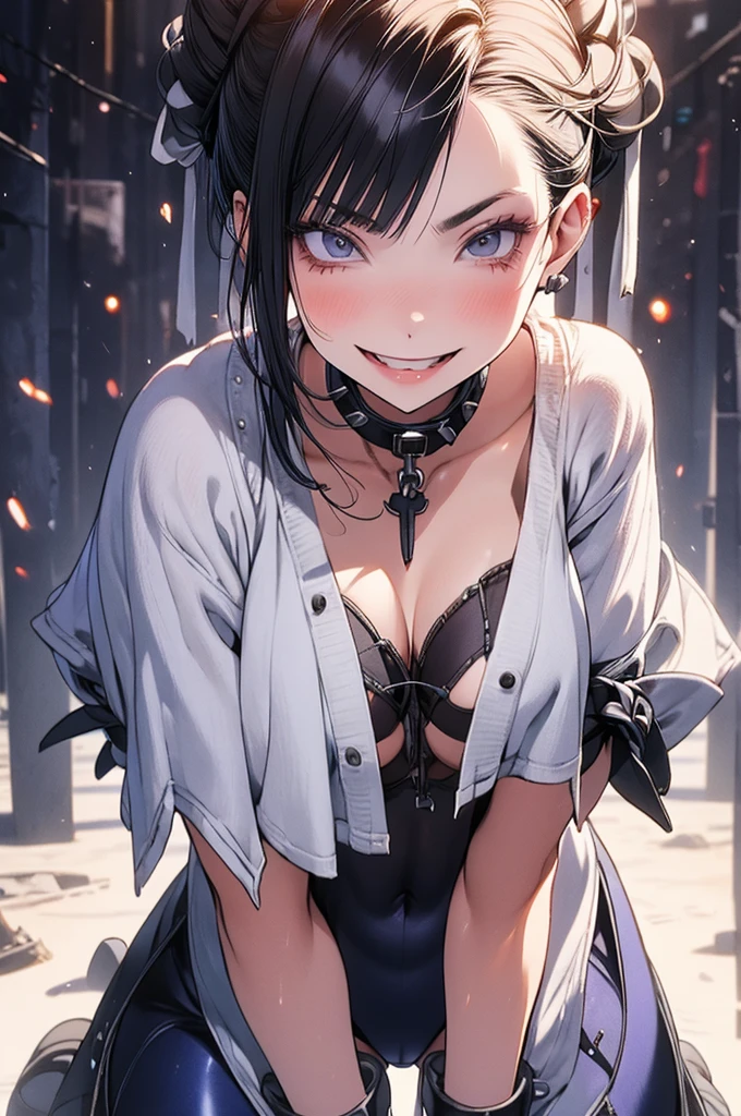 melhor qualidade,roupa azul,juri han,solo, masterpiece, best quality, agrias, grey sweater, black leotard, standing, looking at viewer, short hair,oculos,evil smile, evil look,luvas preta,roupa azul,yandere rosto,low lighting,coxa sarada copo detalhado,olhando para frente juri han,bela