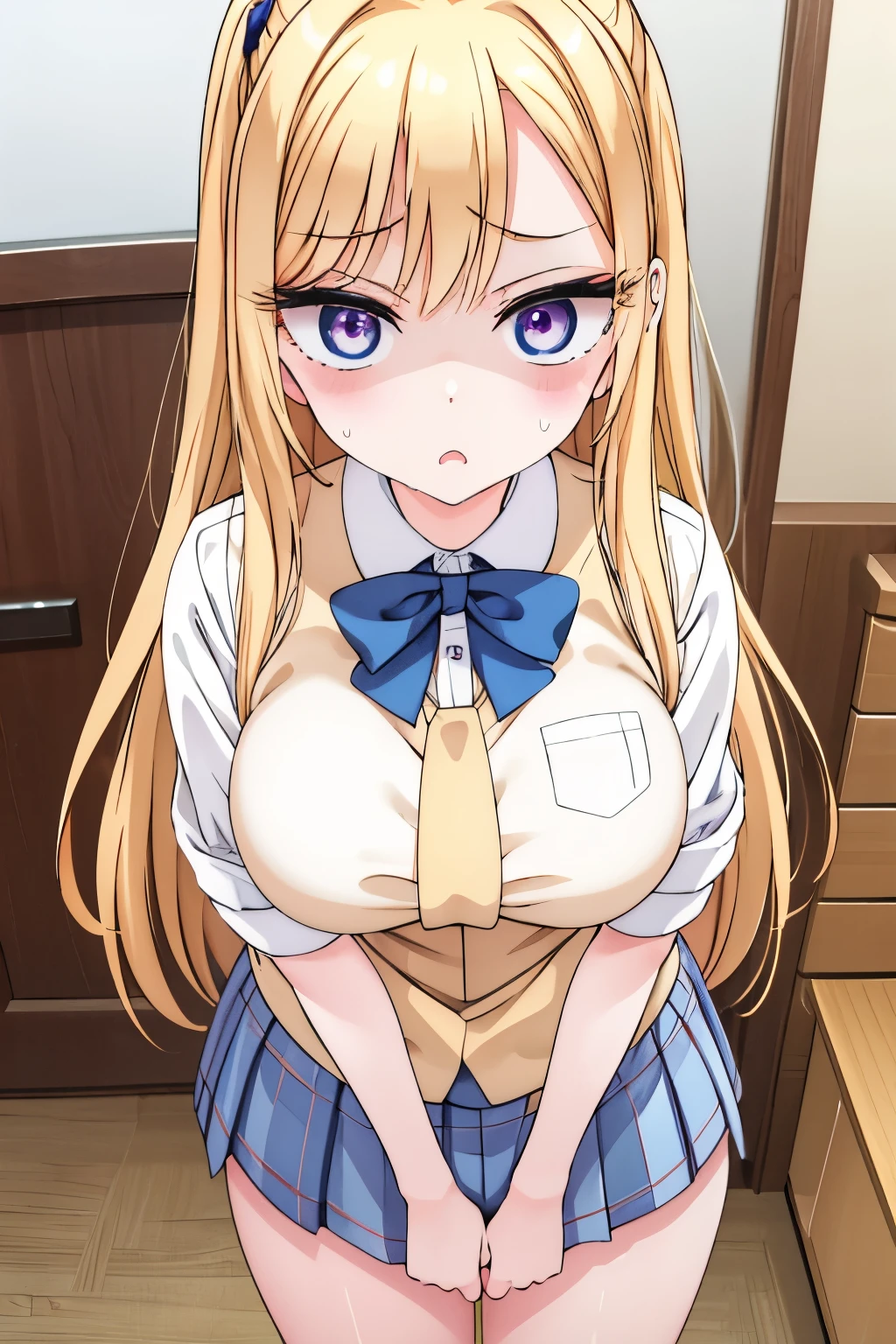 G-Cup masterpiece highest quality High resolution Big Breasts underwear I asked her to show me her underwear while making a disgusted face. sexy Adult female Blonde school uniform high school student Glaring eyes Mouth slightly open Contemptuous Eyes Condescending eyes Long Straight