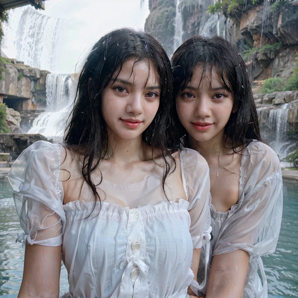 (best quality, highres, masterpiece, photorealistic:1.2),(HDR, vivid colors),((2girls):1.5), japanese, ((wearing oversized t-shirt, long sleeve, bottomless):1.3), ((exposed shoulders, thin and sagging breast):1.3), skinny body, slender posture, beautiful face, detailed face feature, posing for a picture, professional dynamic lighting, (upperbody:1.3, seen from below), naughty expressions, (sexy poses, touching each other's breasts with hand), ((soaking under the waterfall):1.4), foggy and snowy background, cool tones, intimate atmosphere, photon mapping