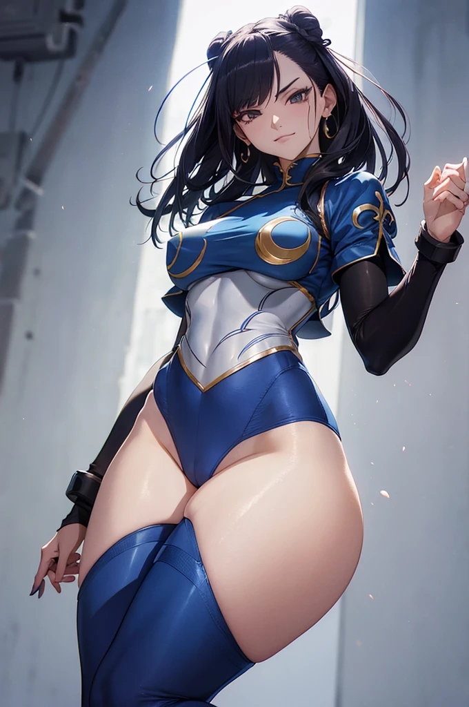 melhor qualidade,roupa azul,juri han,solo, masterpiece, best quality, agrias, grey sweater, black leotard, standing, looking at viewer, short hair,oculos,evil smile, evil look,luvas preta,roupa azul,yandere rosto,low lighting,coxa sarada copo detalhado,olhando para frente juri han,bela