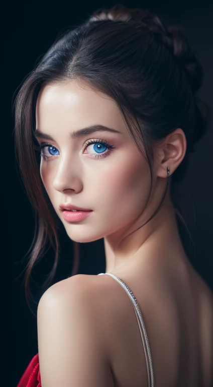 (Best quality,4K,8K,A high resolution,Masterpiece:1.2),Ultra-detailed,(Realistic,Photorealistic,photo-realistic:1.37),beautiful detailed blue eyes,Long black hair in a high bun,Detailed red veil,Portrait,Sharp focus,professional,Vivid colors,Dark background,Studio lighting