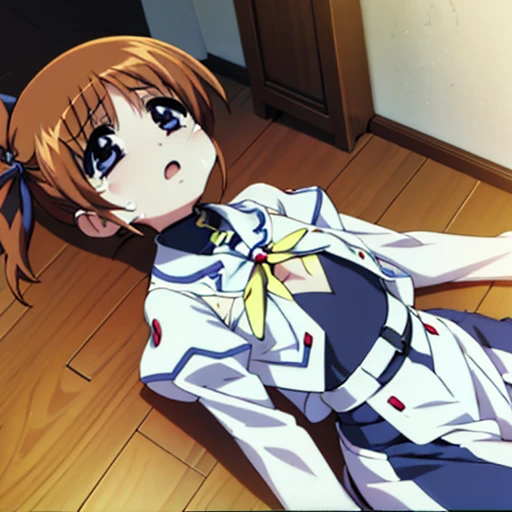 Nanoha Takamachi, flat chest, scan, official art, {{empty eyes}}, crying with eyes open, open mouth, lying on back, clothes lift, show off breasts, {torn clothes}, spread leg,