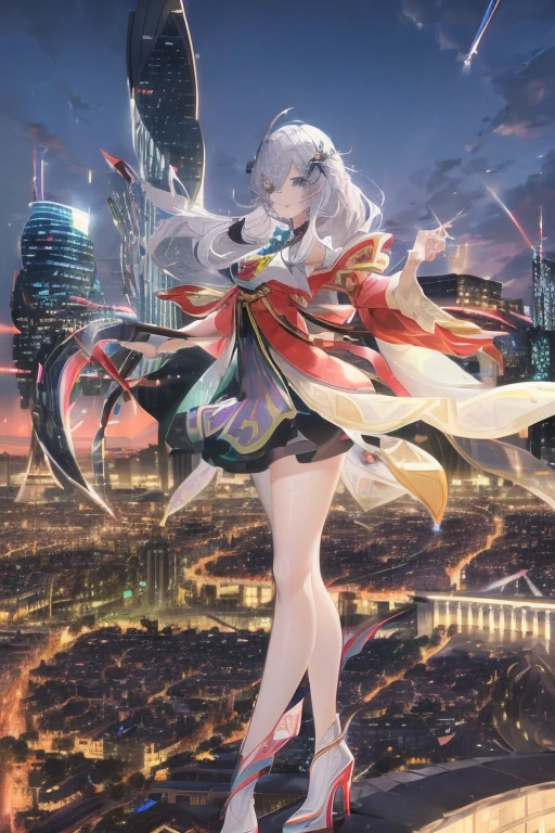 official art, masterpiece, Sharp focus, (Beautiful, gorgeous and cute Korean woman:1.3), (beautiful and cute korean:1.3), Korean beauty, Exquisite and beautiful hair、Eyes and face, Practical, Ultra Detailed, beautiful girl, Blue sky, Glowing white particles, (Side Light:1.2), Sunlight, Baiyun, Detailed clouds, slim, Very cute big and big butt, Smile with teeth bared, ((Smile with your eyes, Open your eyes)), landscape, Long and straight hair, Sexy facial expressions, architecture, (city View:1.7), Dynamic Hair, very Long and straight hair, Delicate platinum silver hair, Green eyes, Pink skirt, Black socks, Pale skin, Hair accessories, epic landscape,,White high heels,Nice butt,Beautiful buttocks,Nothing under the skirt,Weight loss