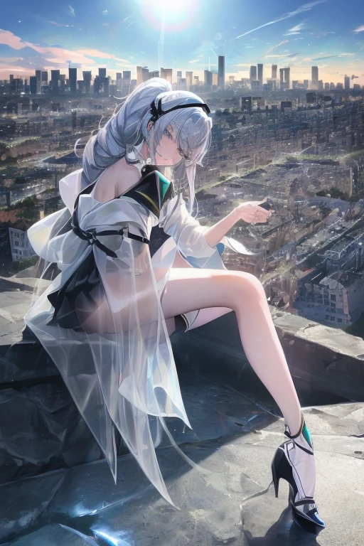 official art, masterpiece, Sharp focus, (Beautiful, gorgeous and cute Korean woman:1.3), (beautiful and cute korean:1.3), Korean beauty, Exquisite and beautiful hair、Eyes and face, Practical, Ultra Detailed, beautiful girl, Blue sky, Glowing white particles, (Side Light:1.2), Sunlight, Baiyun, Detailed clouds, slim, Very cute big  and big butt, Smile with teeth bared, ((Smile with your eyes, Open your eyes)), landscape, Long and straight hair, Sexy facial expressions, architecture, (city View:1.7), Dynamic Hair, very Long and straight hair, Delicate platinum silver hair, Green eyes, , Black socks, Pale skin, Hair accessories, epic landscape,，White high heels，Nice butt，Beautiful buttocks，Nothing under the skirt，Weight loss