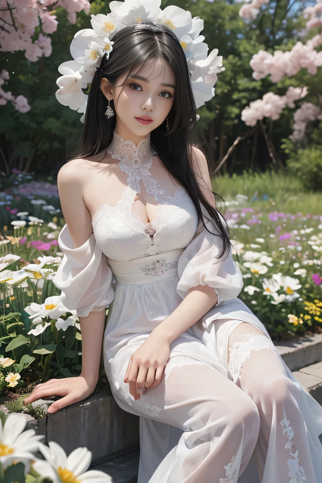 best quality、masterpiece、Ultra-high resolution、Practical、1 girl、Smooth skin、((Surreal details))、Global Photos、8k、Highly complex details、shining eyes、Black straight hair、High Profile、Purebred face_V1、a smile、Elegant Posture、Full breasts、White lace、Full body shot with many flowers in the background