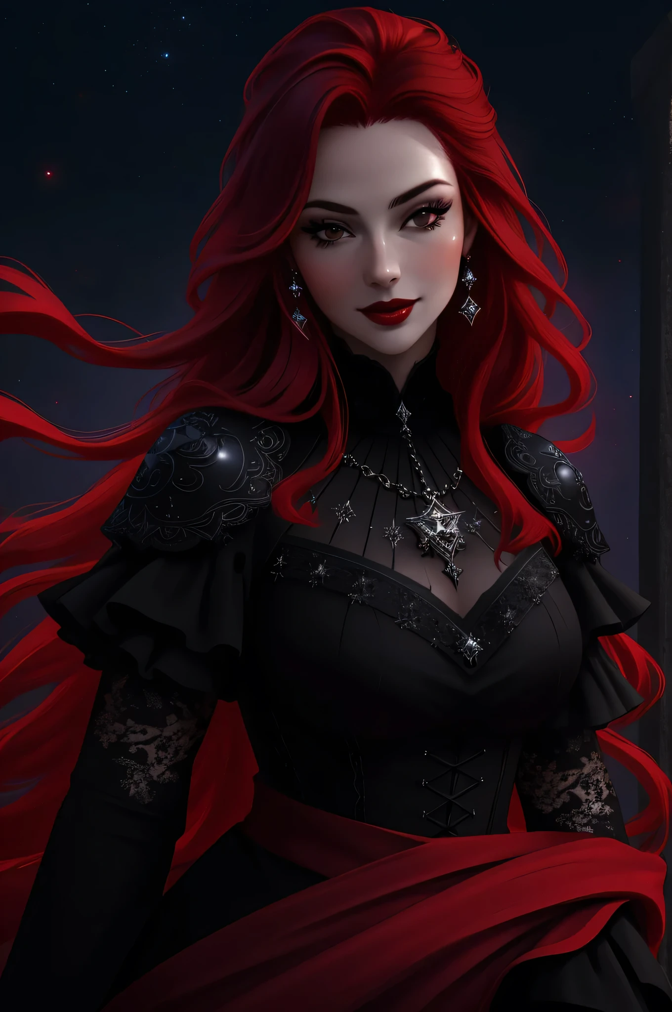 ((vivid red hair)), mature woman, 30 years old, diamond face, red starry sky background, depth of field, magic, big red lips, ((dark and black eyes)) black and red long and full dress, covered chest, mystical atmosphere, ominous shadows, Intense blue aura, Intense red aura (best quality:1.2), absurdres, intricate details, (highly detailed skin:1.2), smile expression, posing, taut and well defined body, attractive. Highly realistic, white skin, beautiful, hyperrealism, skin very elaborated, direct gaze,
