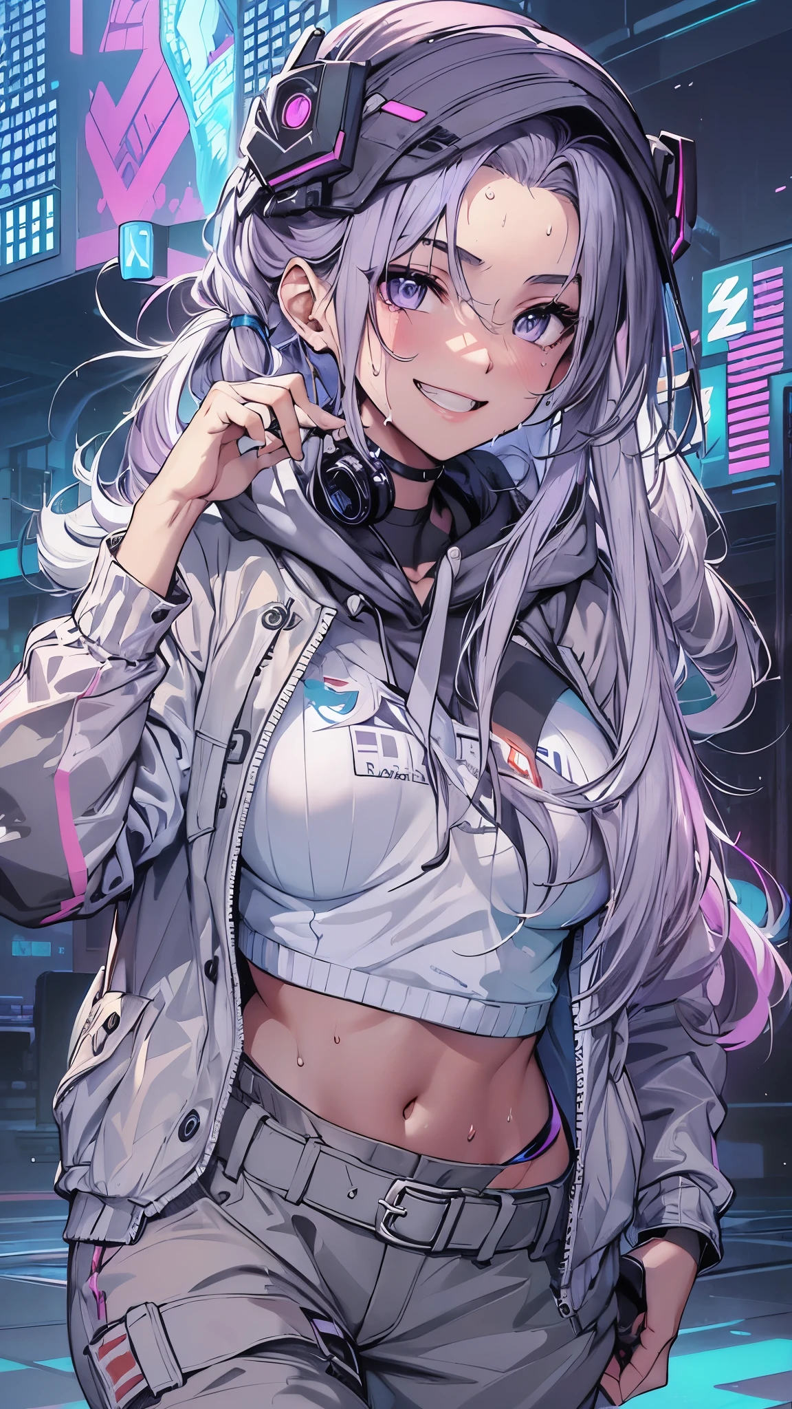 最high quality、best image quality、masterpiece、girl((20-year-old、 By becoming、vest bust、medium bust,wide open breast tea、Shining eyes, silver hair、long hair、thin,highest valley、twin tails、Bandage on right arm、Black and purple hoodie with a wide open chest、short belly sports trousers、cool pose、holding a black smartphone、sweating、smile、movement of leaning forward、provocative pose)),high quality、beautiful art、background((cyber sports gym))、flight、debris flies、Depth of written boundary、movie、visual art、perfect art、8K,genuine、neon, cyberpunk 