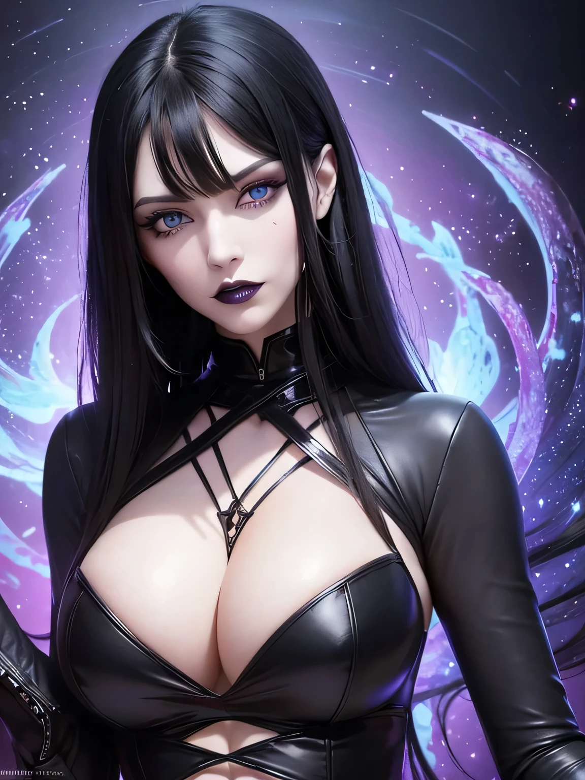 Portrait, beautifully evil goth model with black hair, wearing a tight black dress, staring deep into your eyes with her mesmerizing blue eyes, seductively flirting with you, hourglass figure, symmetrical figure, highly detailed face, beautiful face, lush lips, wearing black lipstick, smiling, alluring, stunning digital illustration, 8k cosmic elements and ethereal atmosphere