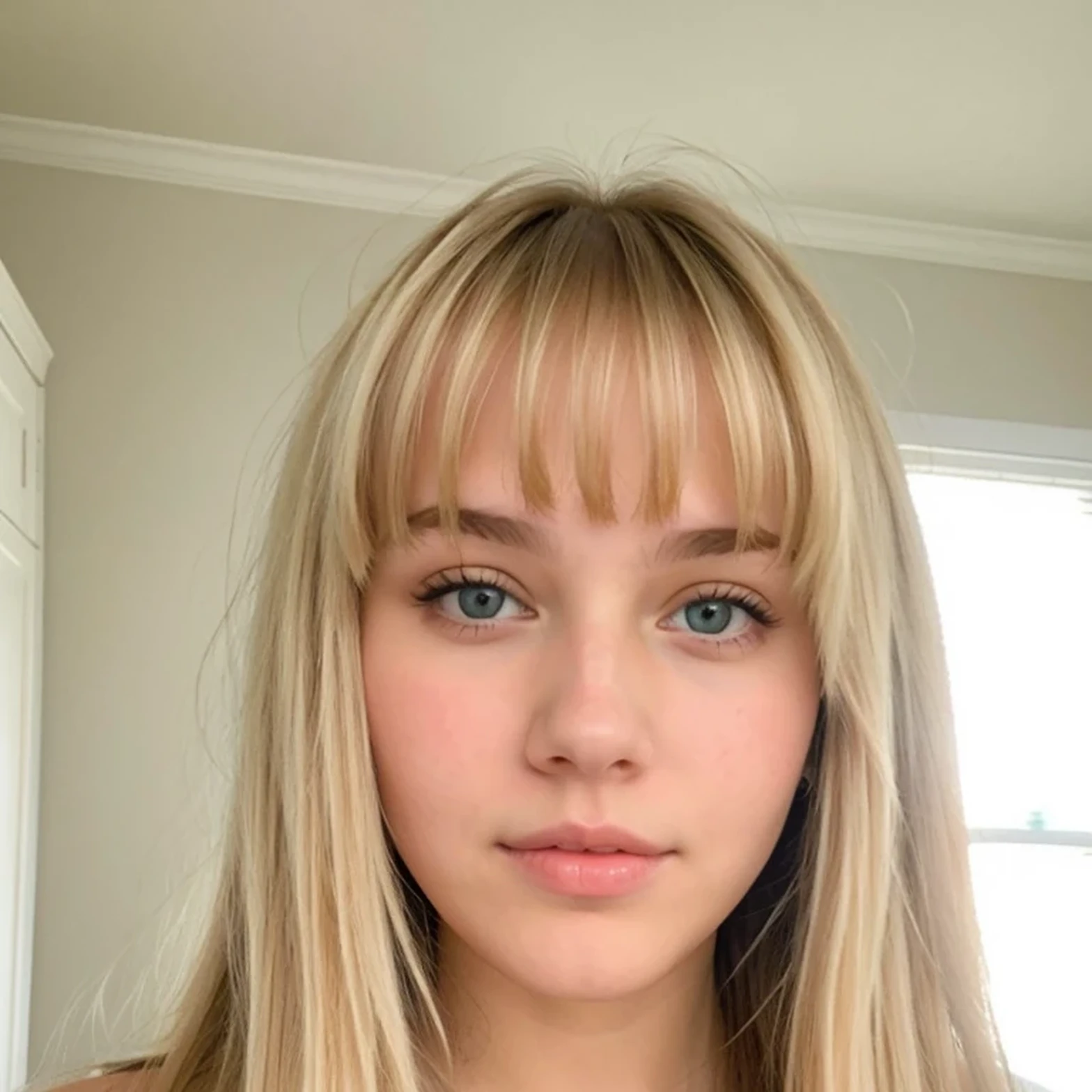 tired eyes light blush pretty white bangs wavy blonde hair Tall Busty