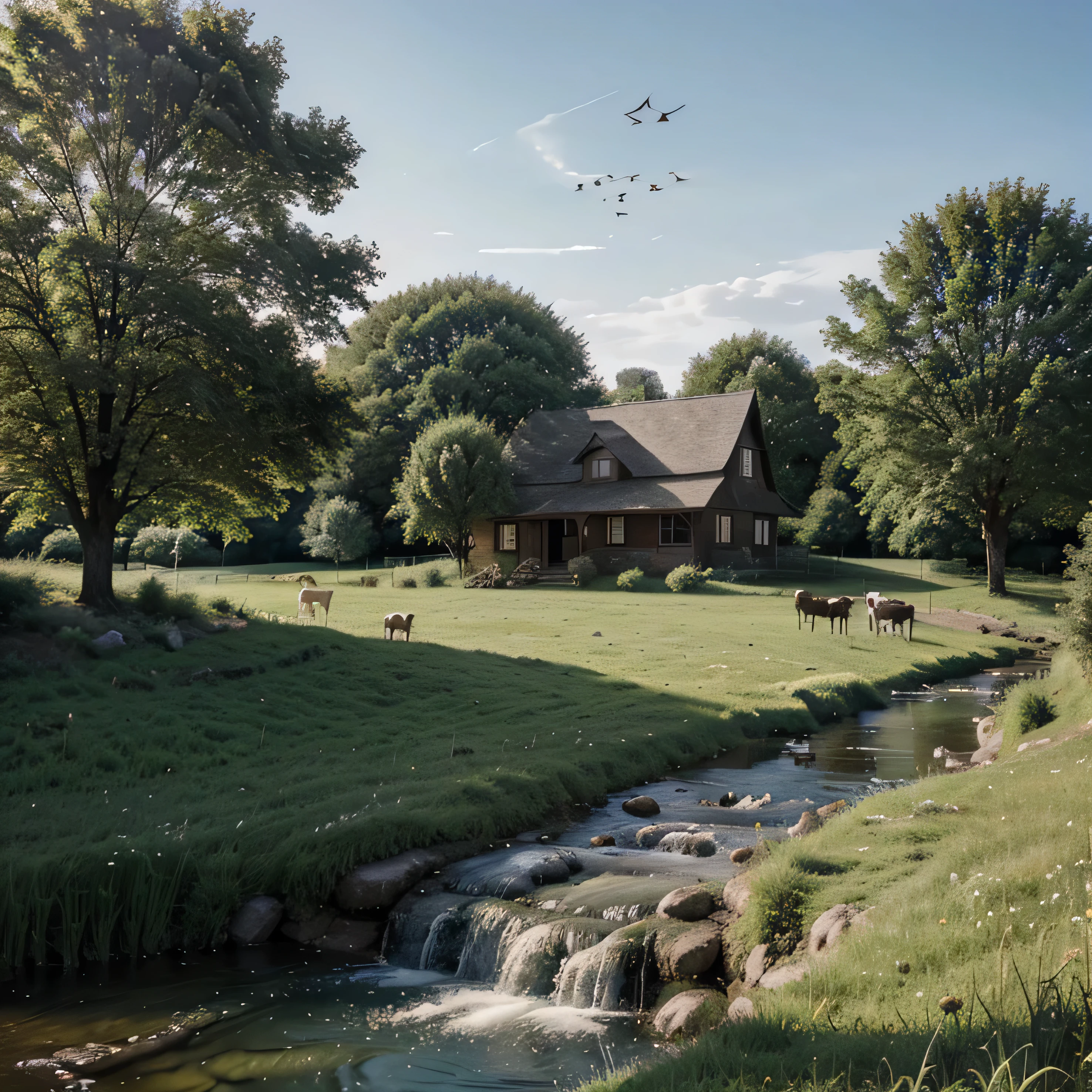 Create a landscape in which there is a house surrounded by trees and a stream, and in the field you can see trees, cows, goats, chickens, and birds flying in the sky.