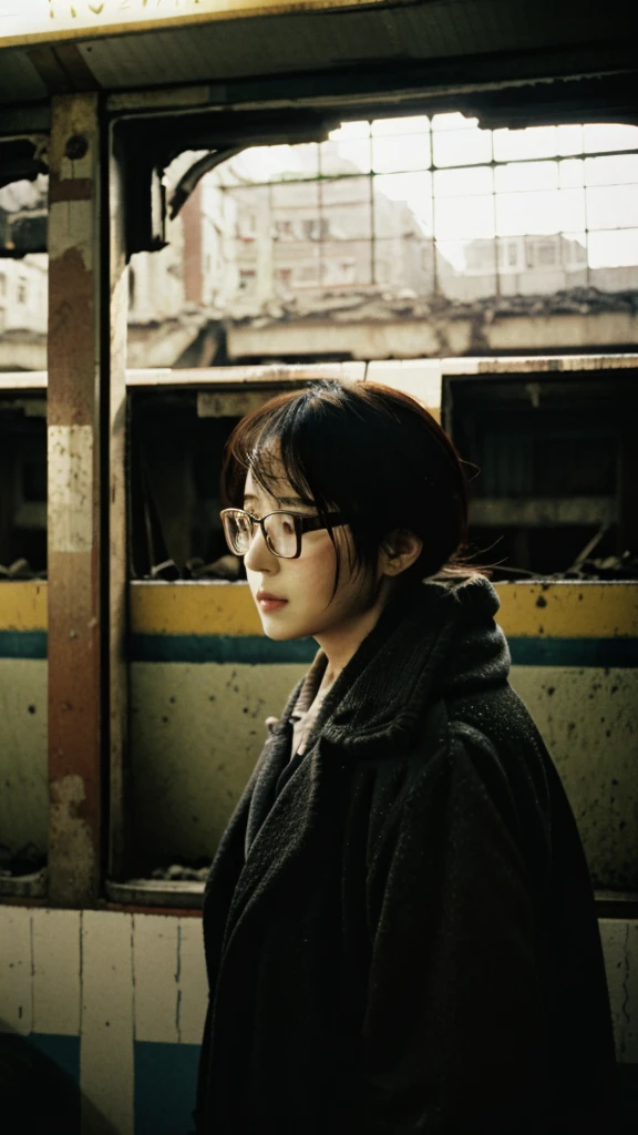 subway,Showa,Collapse,Devastation,Inside the ruins,Glasses,Women,adventure,Black and White,