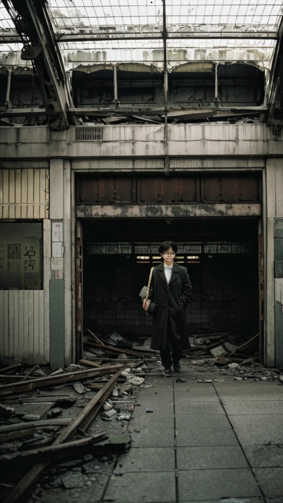 subway,Showa,Collapse,Devastation,Inside the ruins,Glasses,Women,adventure,Black and White,