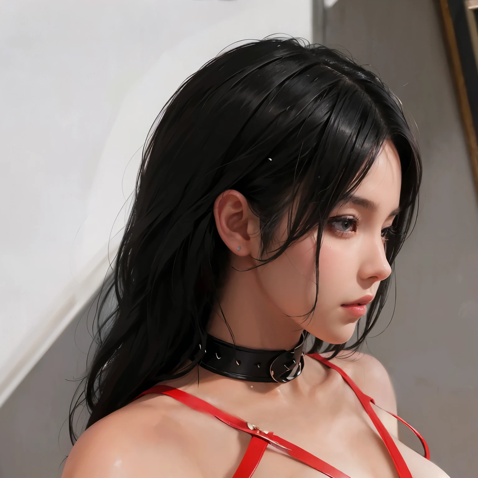 (masterpiece), (best quality), (ultra-detailed), (realistic, photo-realistic:1.2),beauty,black hair,((looking down:1.5)),collar,slant eyes,eyes half-opened