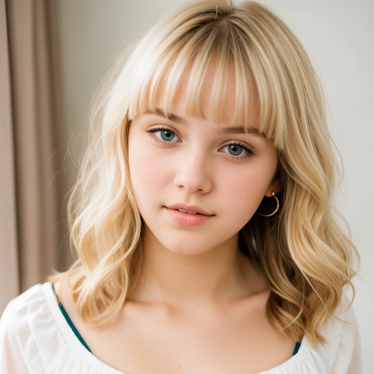 Teen girl tired eyes light blush pretty white bangs short wavy blonde hair Tall Busty 




