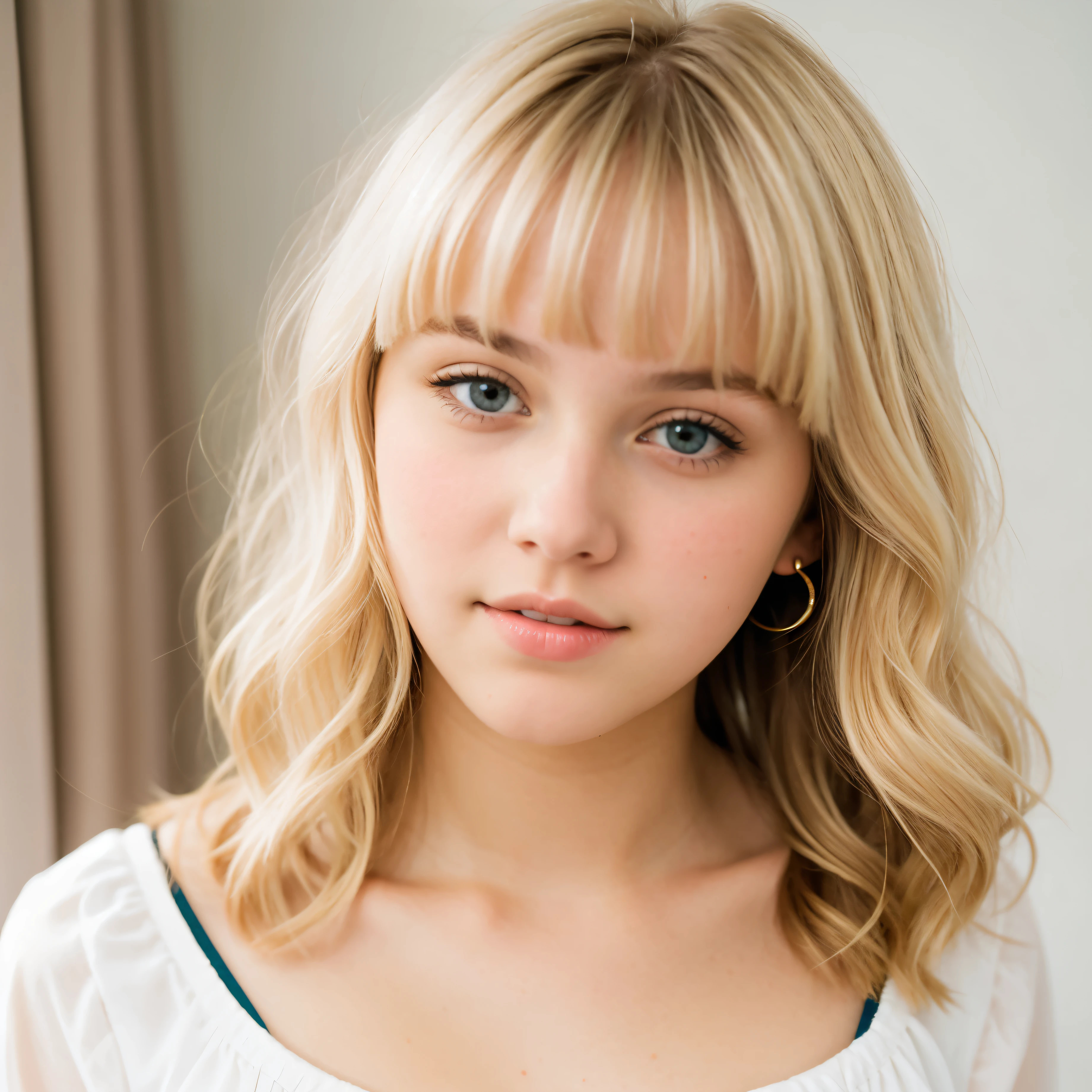 Teen girl tired eyes light blush pretty white bangs short wavy blonde hair Tall Busty 




