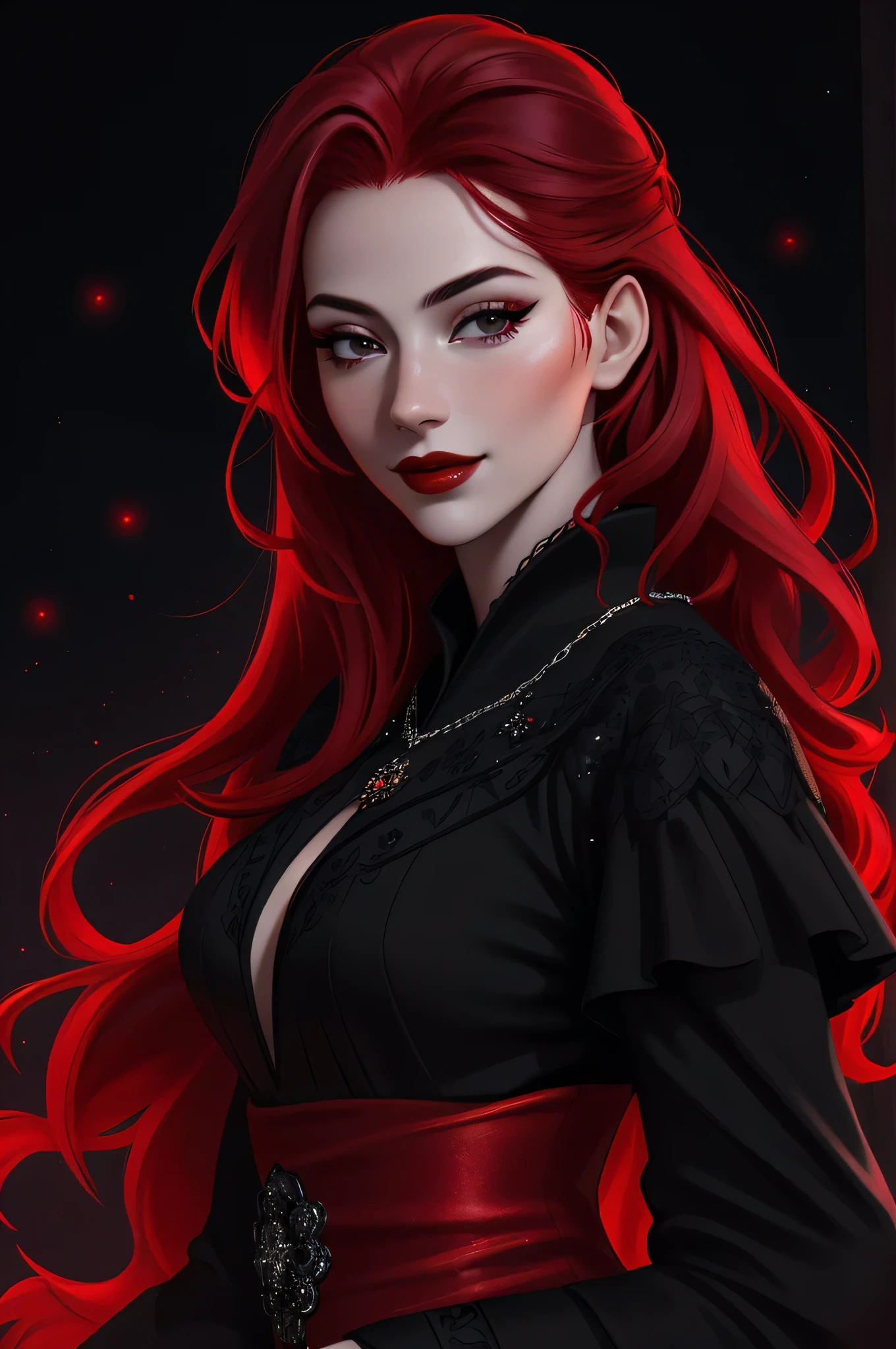 ((vivid red hair)), mature woman, 30 years old, diamond face, red starry sky background, depth of field, magic, big red lips, ((dark and black eyes)) black and red long and full dress, covered chest, mystical atmosphere, ominous shadows, Intense blue aura, Intense red aura (best quality:1.2), absurdres, intricate details, (highly detailed skin:1.2), smile expression, posing, taut and well defined body, attractive. Highly realistic, white skin, beautiful, hyperrealism, skin very elaborated, direct gaze,