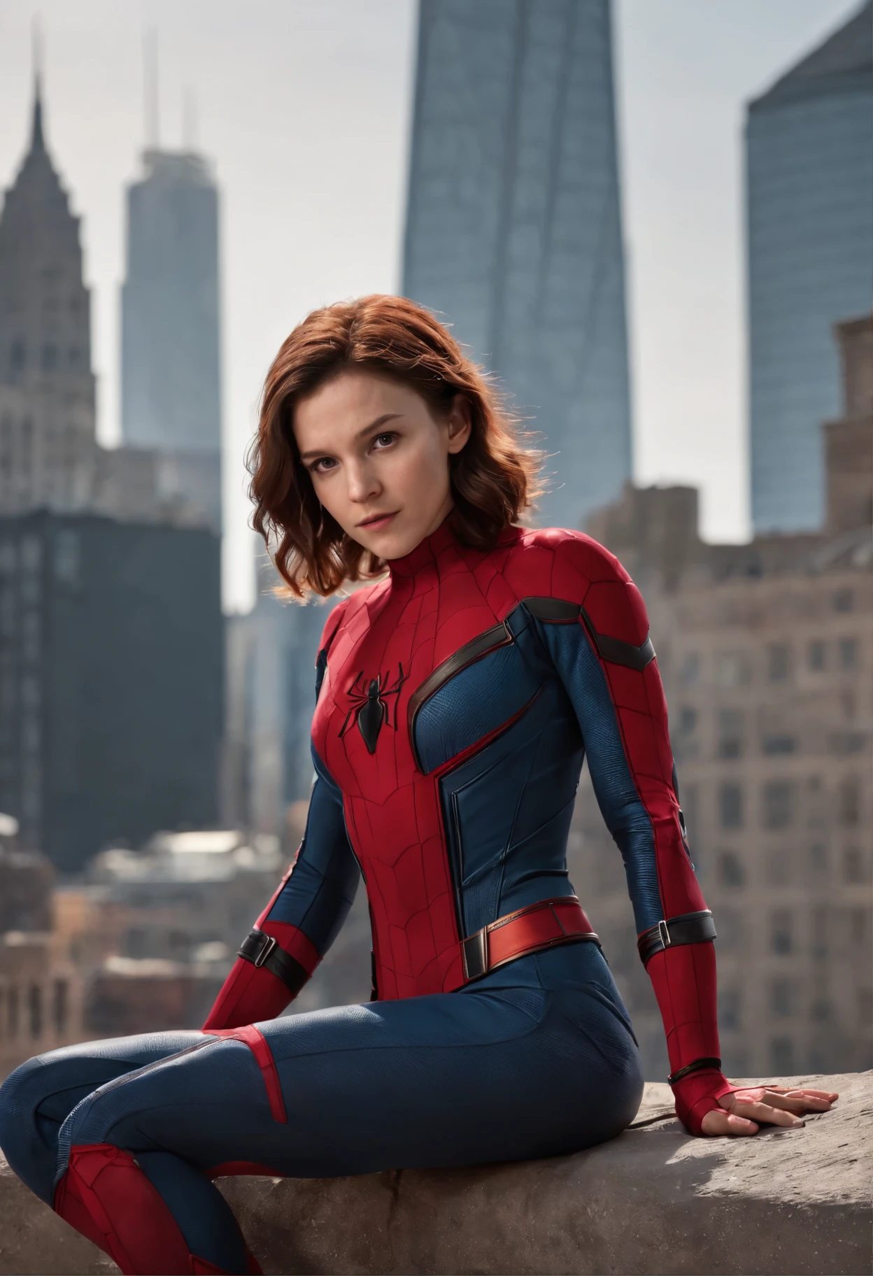 Mulher Tom holland fantasiada de homem aranha(MARVEL), sitting on the edge of a tall building with his back looking at the camera showing his butt with his spine tilted forward to highlight his butt in a sensual way, bunda grande, Tom Holland female version, hq 4k papel de parede, 8k rendering, trends in artstation 4k, cg arte, Tom Holland female version with big hair, corpo escultural, coxas grossas, bunda grande, super sensual