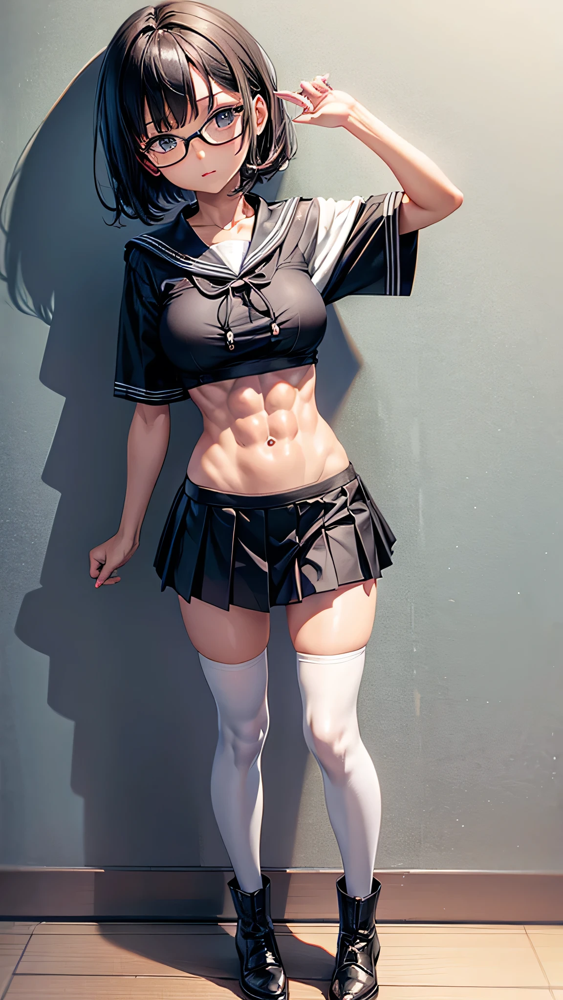 1 female,front,((li:1.5)),((full body)),((standing)),BREAK,black short hair,glasses,BREAK,((large breasts)),((very slim body)),(thin abs:1.5),muscular thighhigh,BREAK,short sleeved white sailor suit,croptop,very short pleated skirt,(((low rise))),((black thighhigh)),short boots