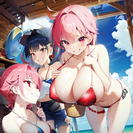Red Bikini、Spilling breasts、Grin、Hanging eyes、Gal