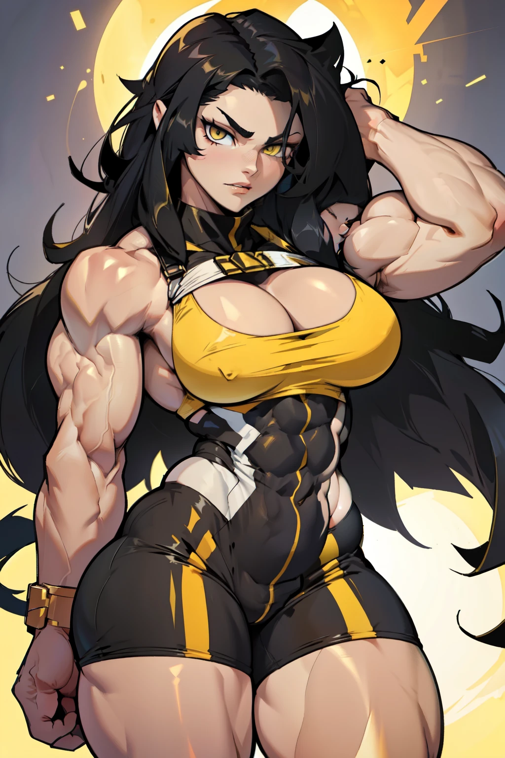 pale skin black hair yellow eyes very long hair (((((muscular girl large breasts thick thighs toned body))))) skintight