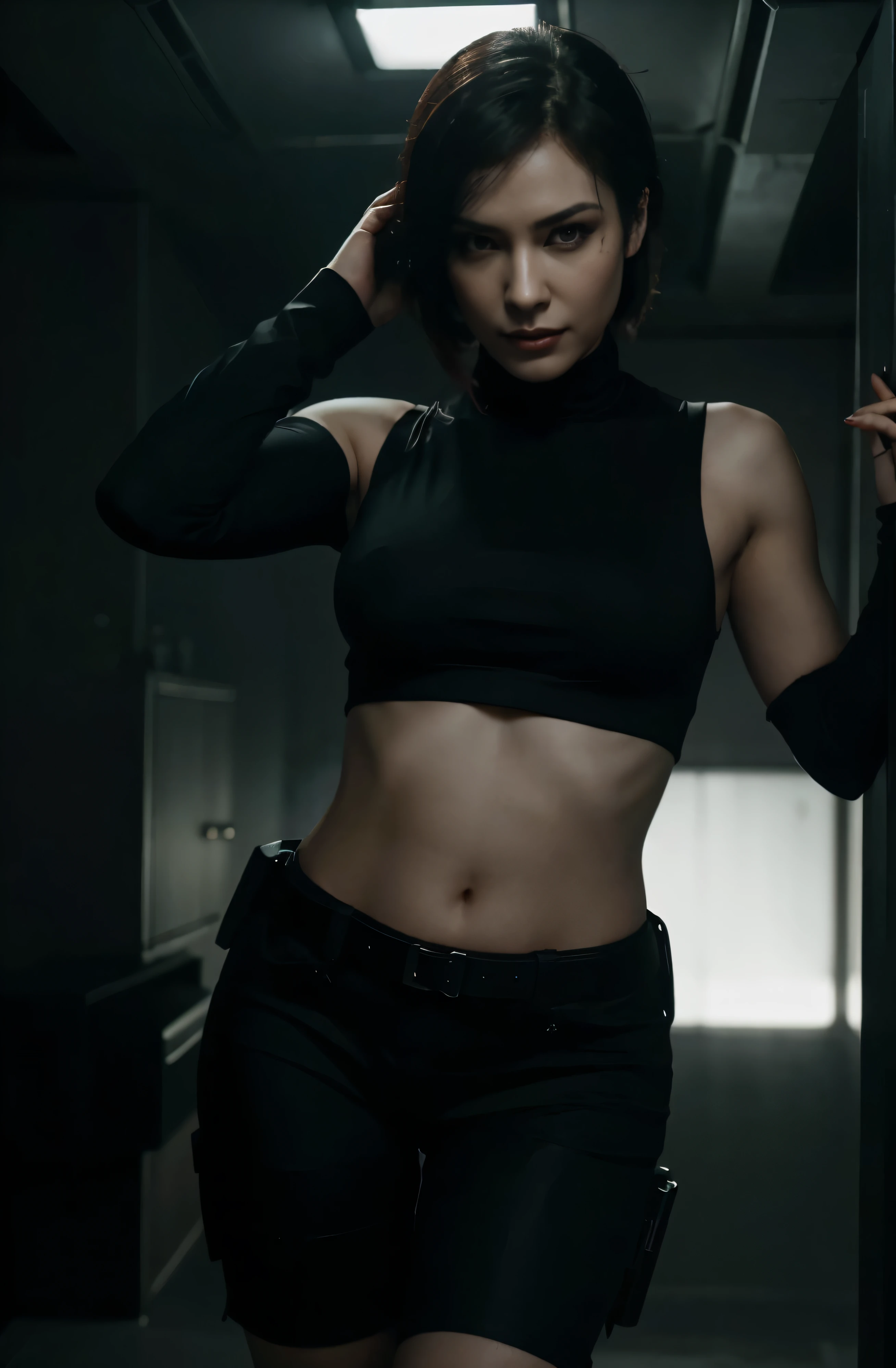(best quality,4k,8k,highres,masterpiece:1.2),ultra-detailed,realistic:1.37,Ada Wong,spies,portrait,horror,professional,night scene,red dress,smoky atmosphere,secret agent,action pose,dark background,fierce expression,long black hair,shoulder holster,guns,bullet shells,silver jewelry,mysterious beauty,cunning eyes,captivating smile,dangerous femme fatale,hidden agenda,umbrella corporation,secret mission,low-key lighting,ominous shadows,sharp features,high contrast,deep red lighting,highly detailed outfit,subtle makeup,mischievous smirk,dynamic composition,masterpiece quality.