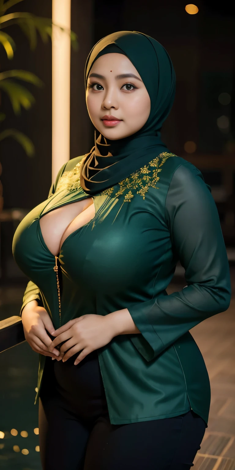 1 malay girl, modern plain hijab, shy, medium portrait, watery eyes, wearing dark green kebaya, ((big breasts)), black bokeh background, well-proportioned body,, chubby massive thighs, full body pose, Hena art on the body, hena art on face, slightly fat body