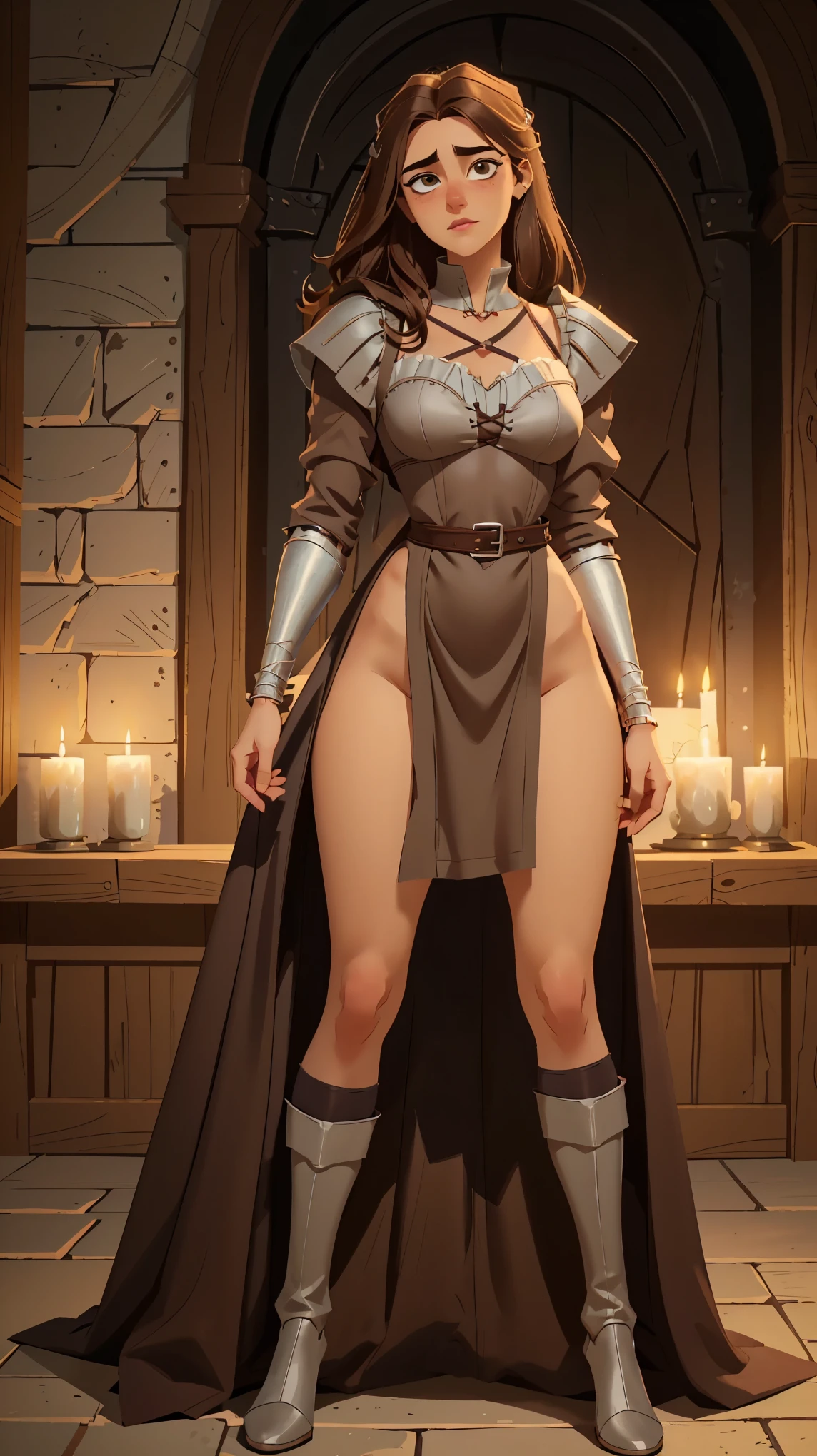 Hyper detailed full body shot of Willa Fitzgerald, 30 years old, masterpiece, conceptual portrait, hyper detailed medieval dress in neutral warm colors, character concept of medieval adventure movie, the entire figure dressed in witcher style, standing facing the viewer:1.5, frontal full body shot, beautiful woman, skinny thin waist:1.5, small breasts:1.5, curvy hips and thighs:1.5, straight brown hair, detailed face, tangledadventure:1