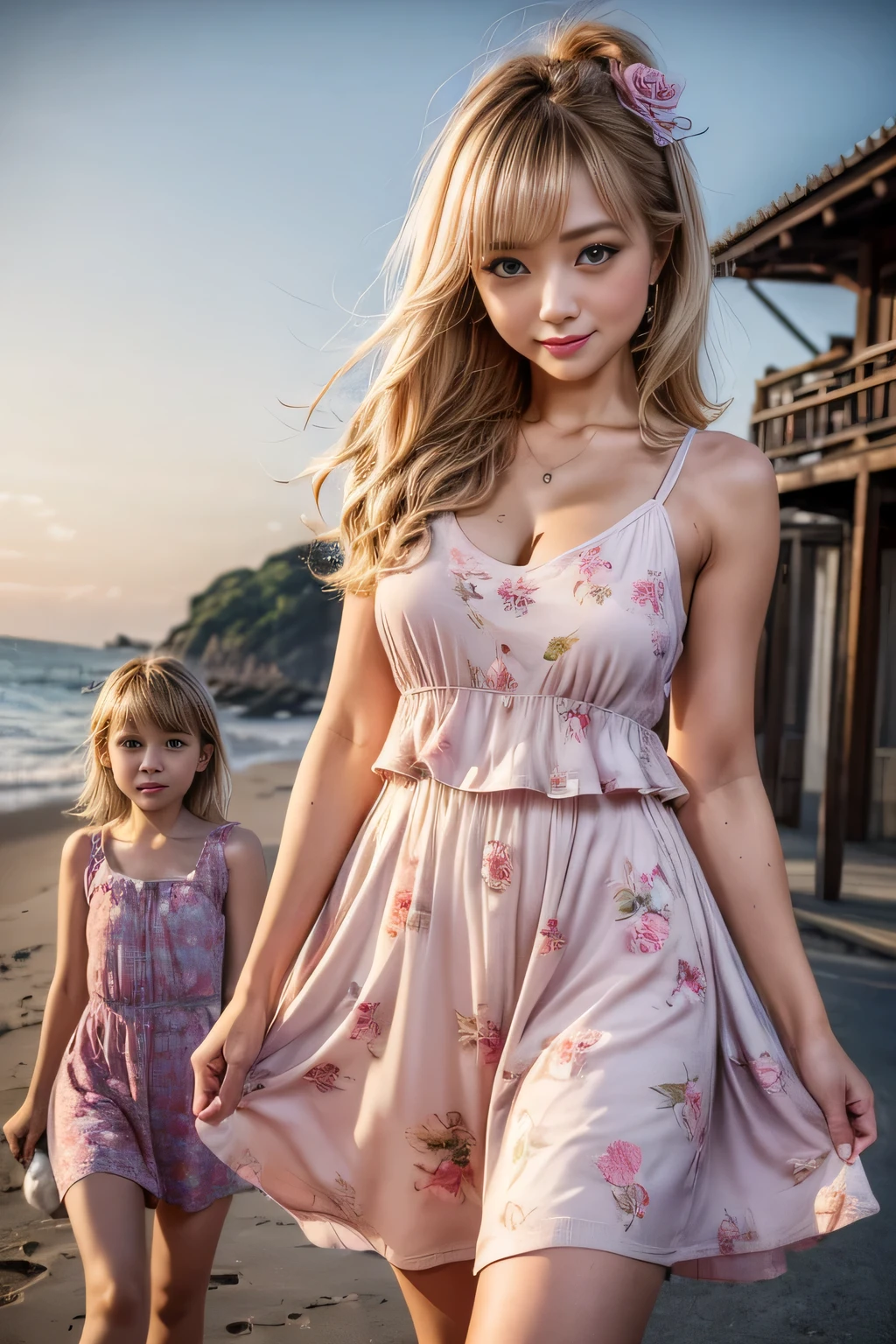 (2 girls:1.5)masterpiece, best quality, ultra quality, high quality, realistic, photo realistic, warm lighting,natural lighting,cinematic lighting,RAW photo, hyper detailed, intricate detailed, perfect anatomy, Fujifilm XT3,1girl,Japanese,(slender abs:1.3), cleavage,large hip,(camel toe:1.2), (Dark blonde and pink short girly hair over one eye:1.2), (from front:1.5),(smile:1.3),(blushing:1.3),teary eyes,(standing:1.2),sunset,magic hour,blue moment,(walking:1.3),beach,outdoor,(mideum shot), BREAK (wearing pastel color knee length sundress with floral pattern:1.3),(wind lift skirt:1.3),cleavage, gal.safetensors,