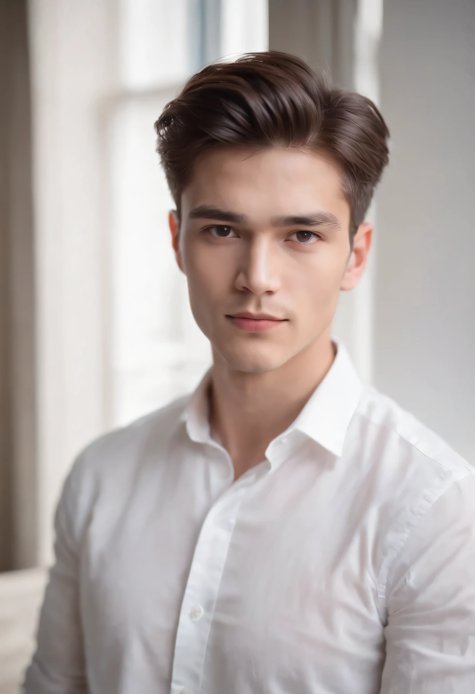 Portrait of a handsome 20 year old man with a round face and cinematic look、White shirt 、Look straight ahead at the camera and speak into the microphone