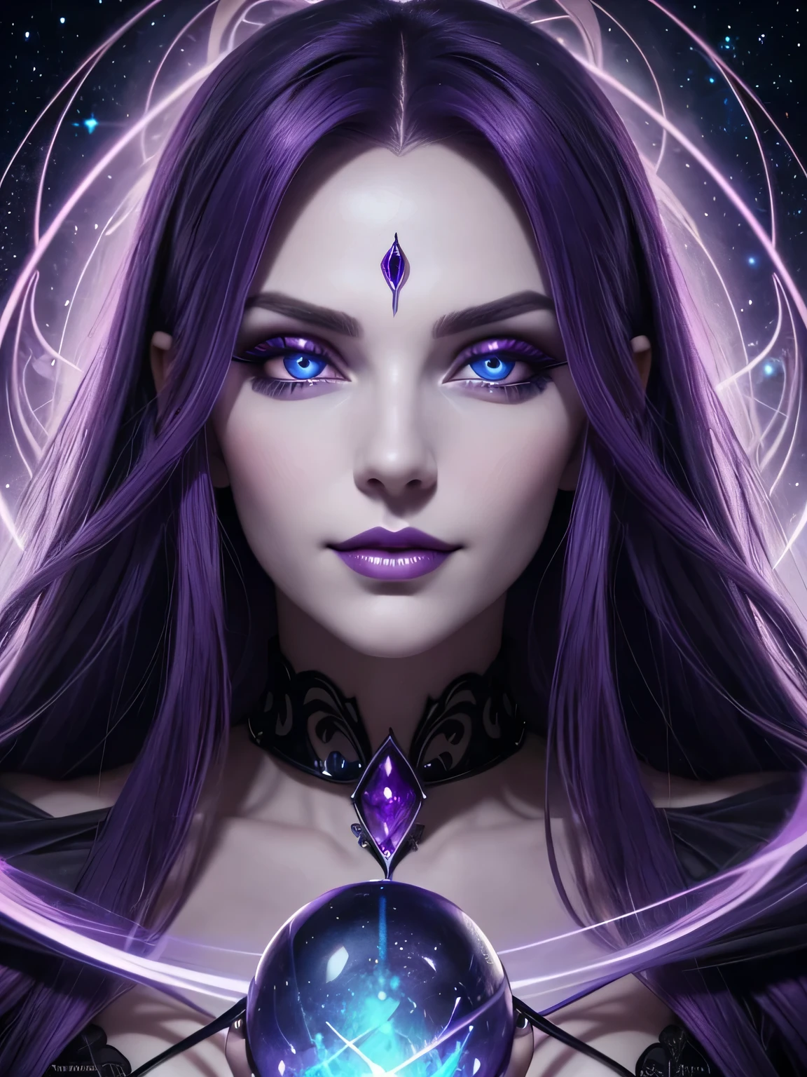 Portrait, beautiful evil witch with purple hair, up close staring deep into your eyes with her mesmerizing blue eyes, seductively casting a spell on you, hourglass figure, symmetrical figure, highly detailed face, beautiful face, lush lips, smiling, alluring, stunning digital illustration, 8k cosmic elements and ethereal atmosphere