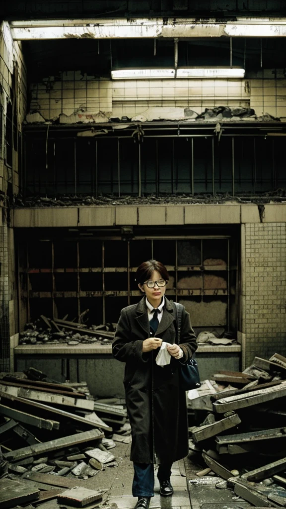 subway,Showa,Collapse,Devastation,Inside the ruins,Glasses,Women,adventure,Black and White,