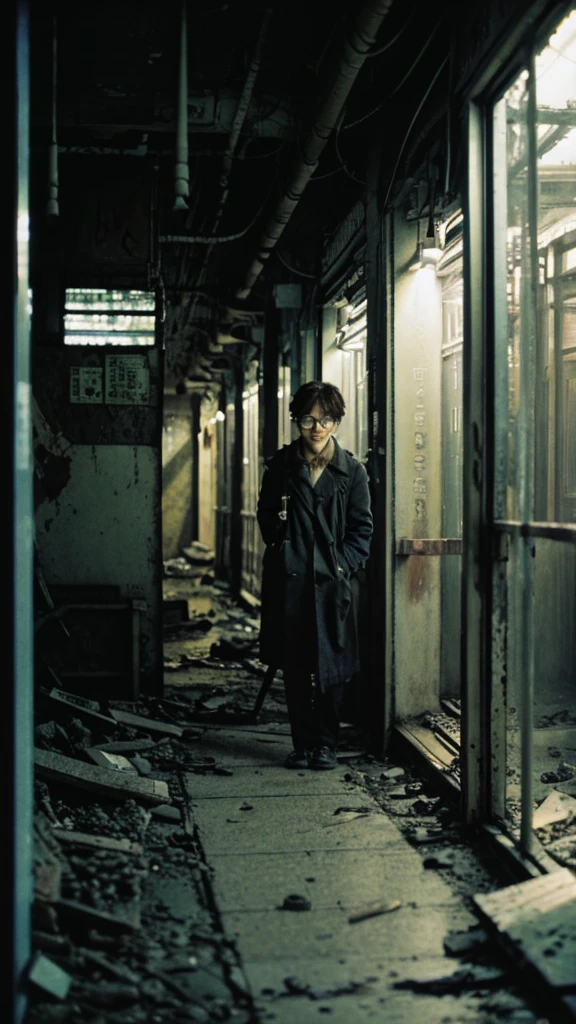 subway,Showa,Collapse,Devastation,Inside the ruins,Glasses,Women,adventure,Black and White,