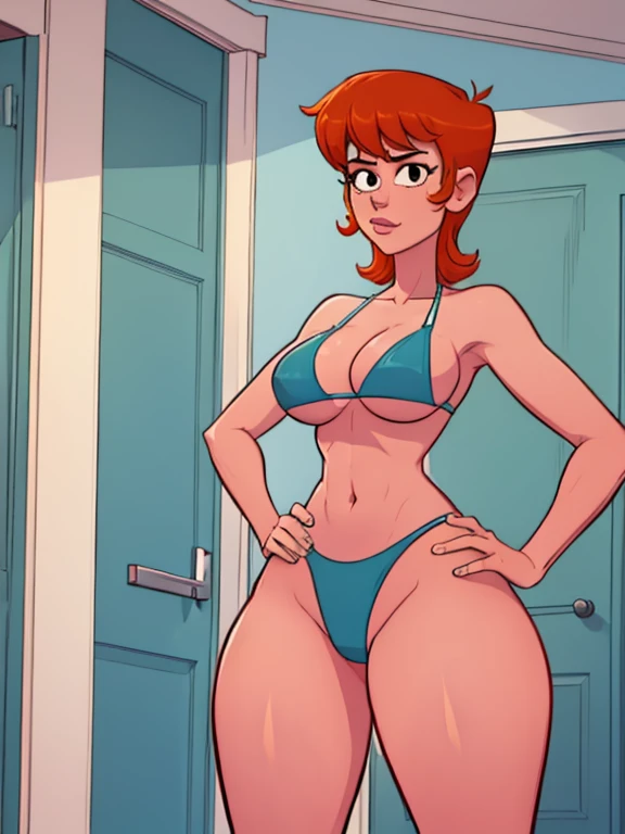 Dexter's Mom, tight bikini, sexy build, standing at attention, standing up straight, hands on hips