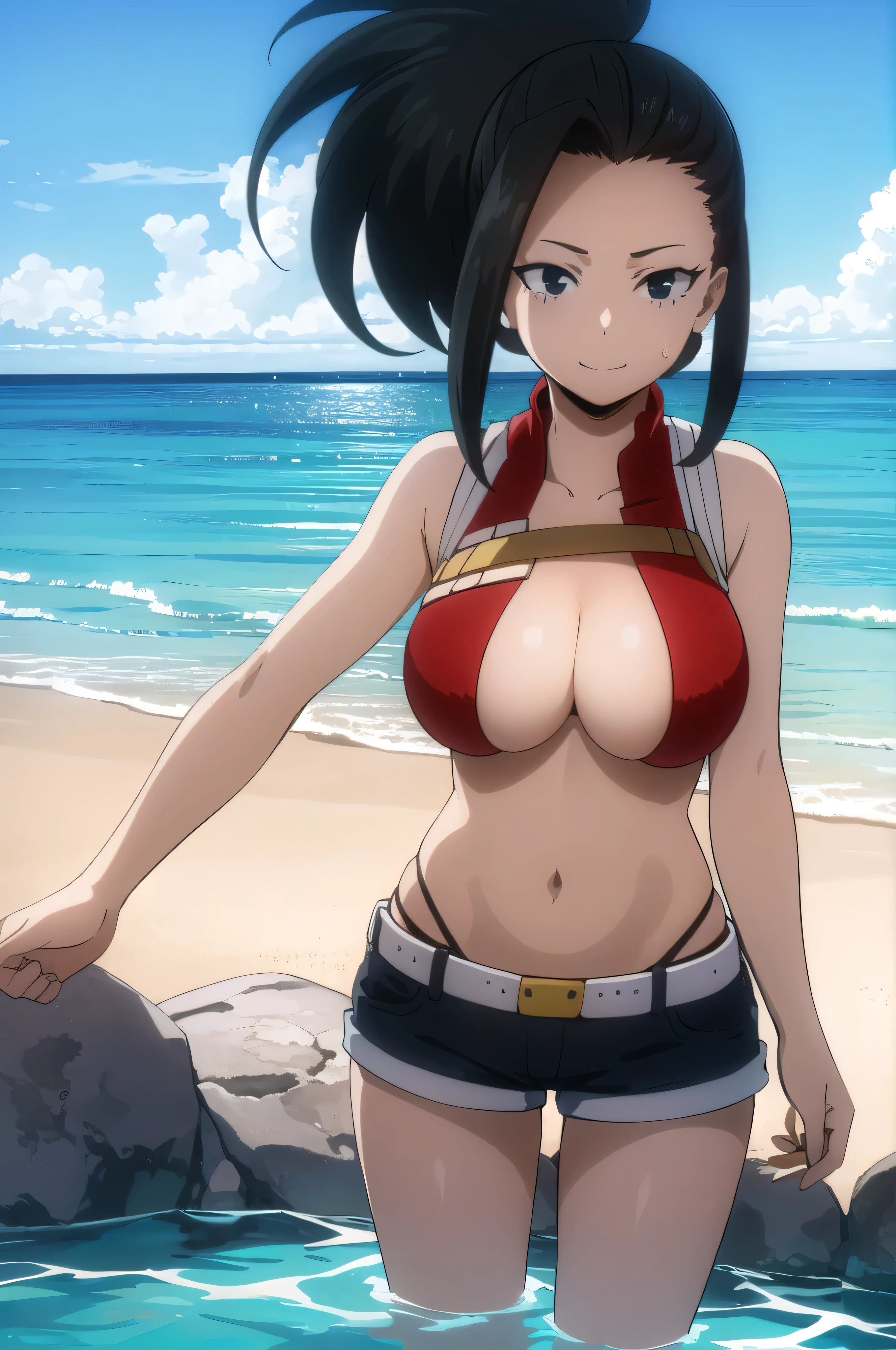 yaoyorozumomo, yaoyorozu momo, long hair, bangs, black hair, ponytail, (black eyes:1.5), high ponytail, wide ponytail,
BREAK (masterpiece:1.2), best quality, high resolution, unity 8k wallpaper, (illustration:0.8), (beautiful detailed eyes:1.6), extremely detailed face, perfect lighting, extremely detailed CG, (perfect hands, perfect anatomy), ocean scenery, beach, mini shorts, low waist shorts, panty line showing, pink bikini top, bikini top, bikini, bare shoulders, slim stomach, cleavage, wet, flirty smile, blushing (big tits) big breasts, standing in water, cute smile, looking at viewer, full frame, body in frame