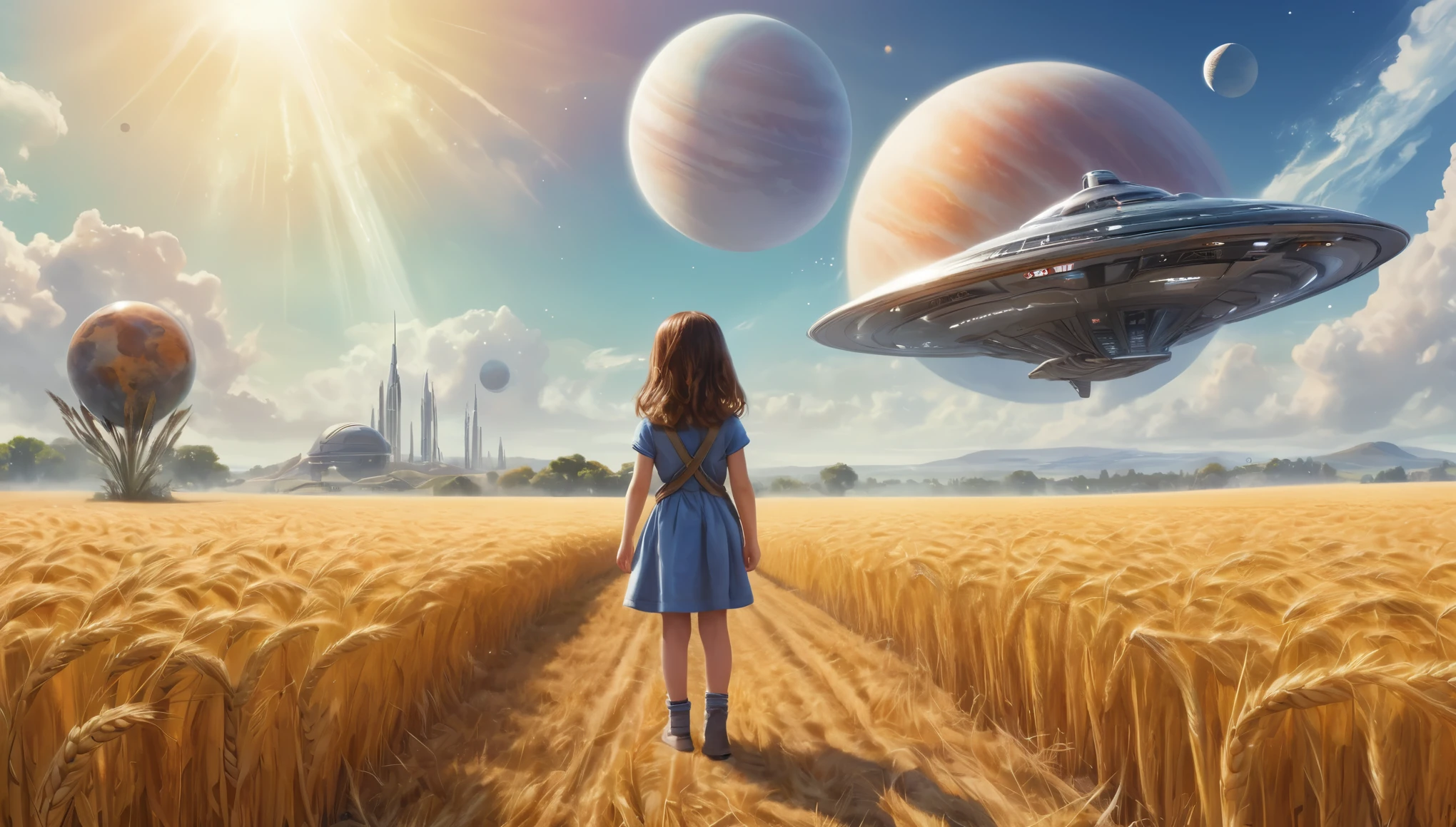 a masterpiece of watercolor painting, an alien planet, two planets in the sky, a bright sunny day, a spaceship hanging over a wheat field, children waving their hands, a girl stands next to and looks at the spaceship 8k, hyperrealism